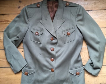 Vintage Swedish 1940s olive green gabardine army military style jacket w pockets  - Chest 39”