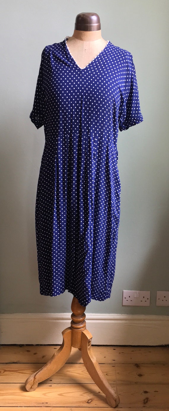 Vintage 1940s 1950s blue white polka dot printed … - image 2