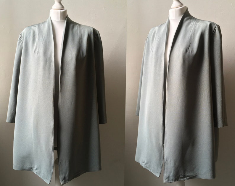 Vintage late 1940s early 1950s Wayne Smith cadet grey blue satin grosgrain edge to edge open fronted swing jacket short coat