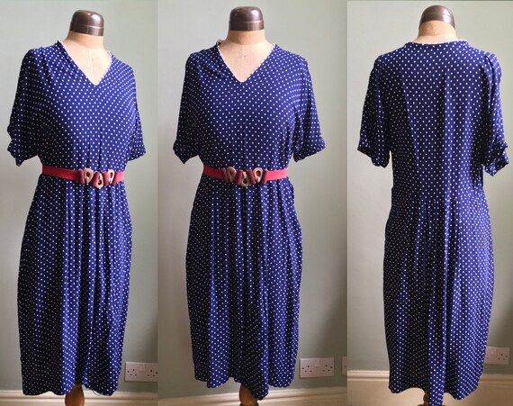 Vintage 1940s 1950s blue white polka dot printed … - image 1