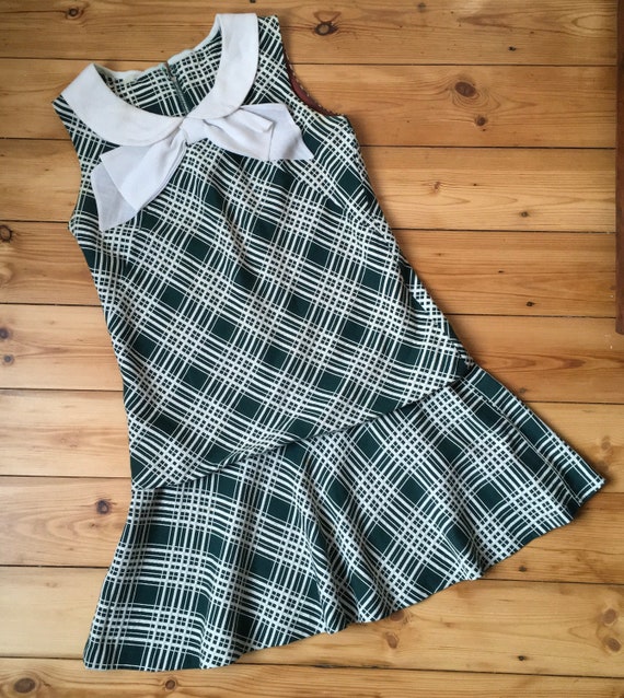 Vintage 1960s dark green & white windowpane check… - image 1