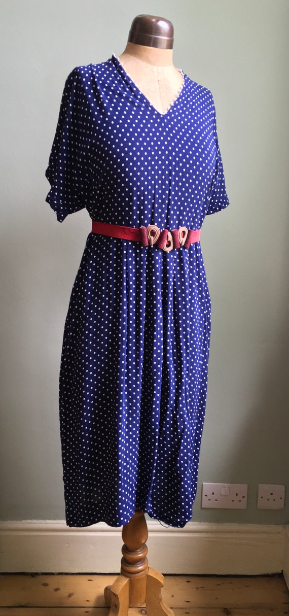 Vintage 1940s 1950s blue white polka dot printed … - image 8