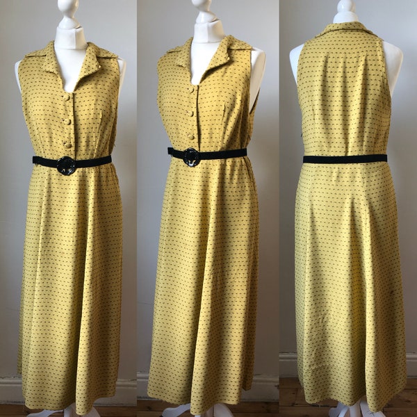 Vintage late 1940s early 1950s yellow & black woven patterned wool crepe sleeveless shirtwaist dress casual day dress - Bust 38, waist 31"