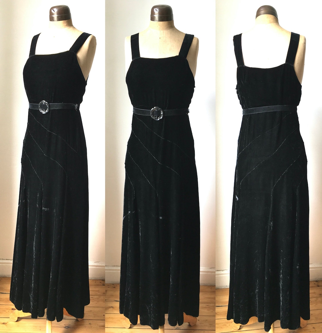 XL 1930s Dress Black Devore Velvet Sleeves Art Deco Long Sleeve LBD