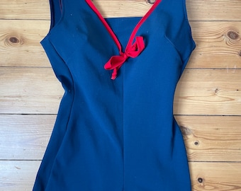 Vintage 1960er Jahre rot-blauer nautischer Einteiler Maillot-Badeanzug mit tiefem Rückenausschnitt – UK 10/12