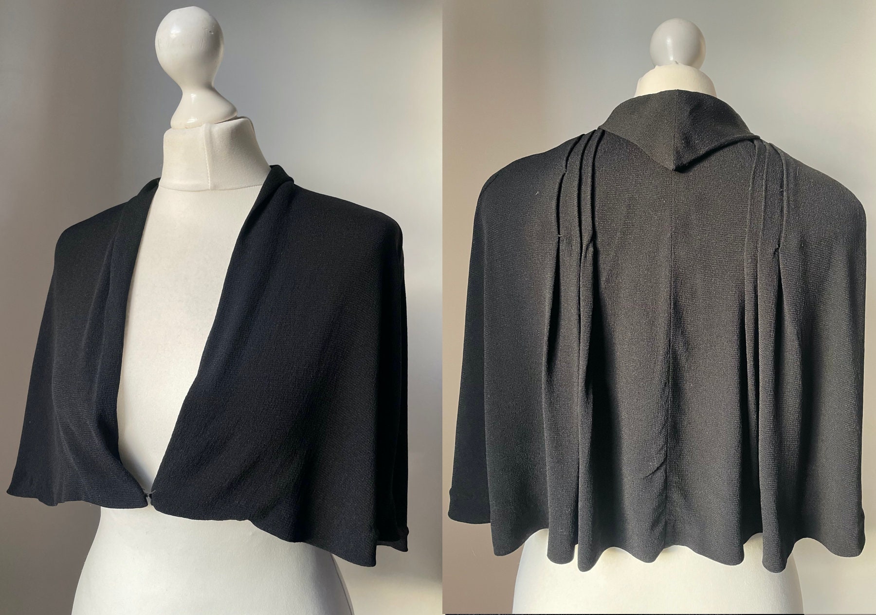 Real Vintage Search Engine Vintage 1930S 1940S Koupy Regd Model Black Rayon Crepe Evening Shoulder Capelet Cape Jacket Top With V-Neck, Pointed Collar  Pleated Back $53.90 AT vintagedancer.com