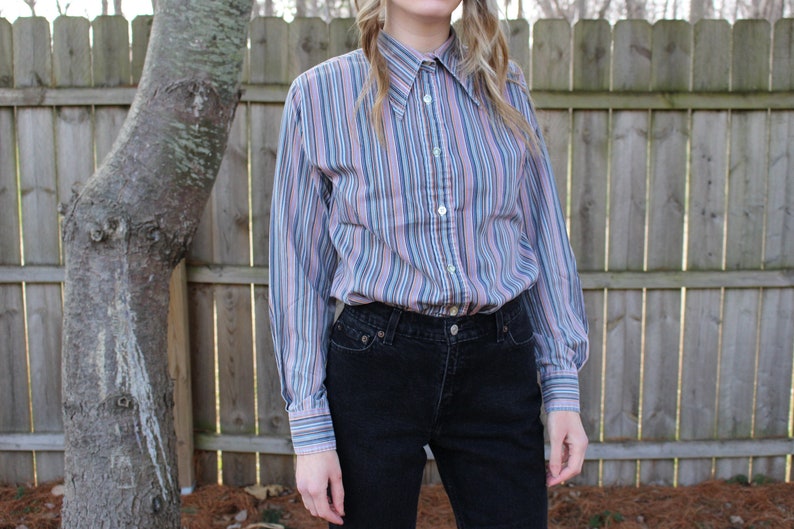 VTG 60s 70s Colorful Striped Button Up with Disco Collar