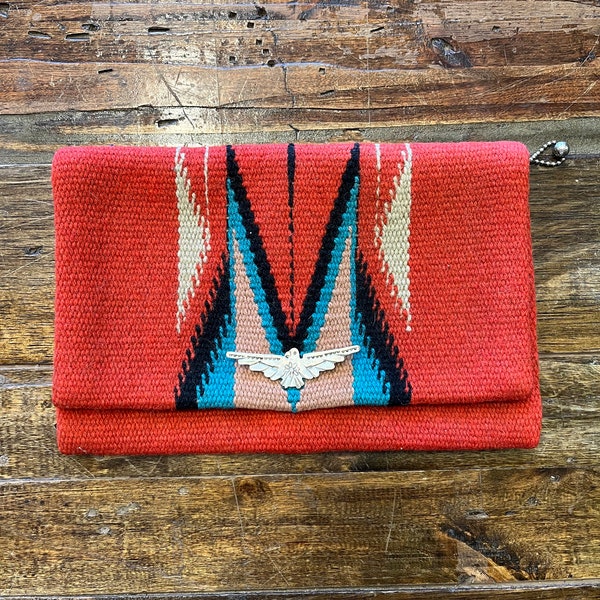 Vintage 30s 40s Red Chimayo Southwestern Woven Wool Clutch Purse Wallet