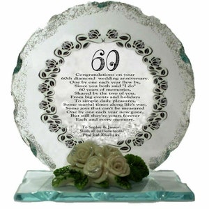 60e diamanten huwelijksverjaardag gepersonaliseerd cadeau geslepen glas rond gedicht plaquette
