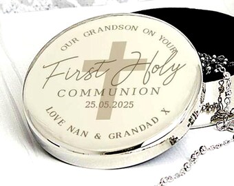 Enkel personalisiertes Geschenk Erste heilige Kommunion Runde Trinket Box & Rosenkranz Perlen Set
