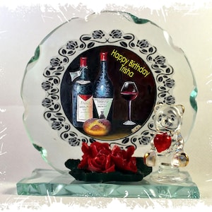 Joyeux anniversaire, conception de bouteilles de vin (tout âge), plaque ronde en verre taillé, édition spéciale, par Cellini Plaques