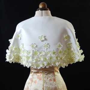 Short Cape Capelet in Ivory heavy matt satin with sewn on artificial flowers image 2