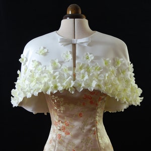 Short Cape Capelet in Ivory heavy matt satin with sewn on artificial flowers image 1