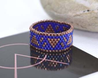 Ring Cobalt & Copper Aztec size R Unisex Delica beads Peyote Pattern PDF