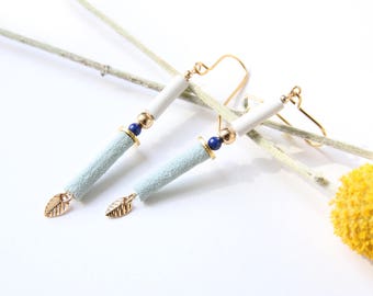 JUNE EARRINGS. pale blue suede and white leather, lapis lazuli, gold-plated