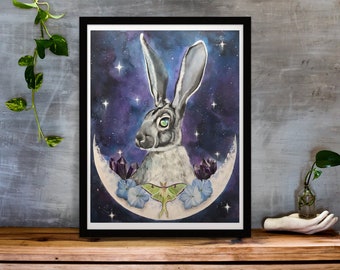 Hare and moon print | Easter Print | Spring Print | Pagan Print| Folklore Print