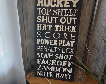 Hockey top shelf shut out hat trick score power play penalty box subway art hockey wall man cave art wood handpainted gift for hockey player