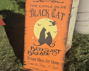 Black cat bed and breakfast halloween sign orange and black decor vintage antiqued handpainted wooden