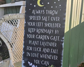 Always throw spilled salt over your left shoulder sign witchy sign gift fall autumn halloween decor wooden handpainted magical