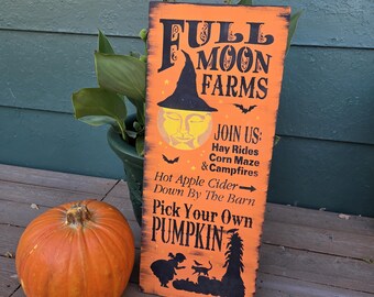 Fall decor wood sign handpainted pumpkin patch full moon farms vintage antique style painted gift autumn halloween cute