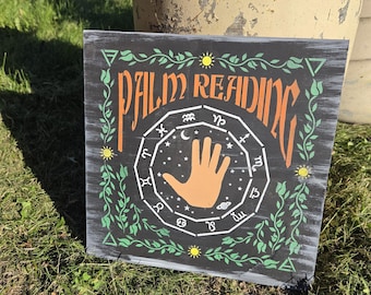 Palm reading sign palmistry wooden handcrafted handpainted witch decor halloween fair occult vintage circus witchy gift