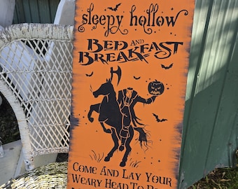 Halloween Sign sleepy hollow dead and breakfast pumpkin head headless horseman orange and black decor vintage antiqued handpainted wooden