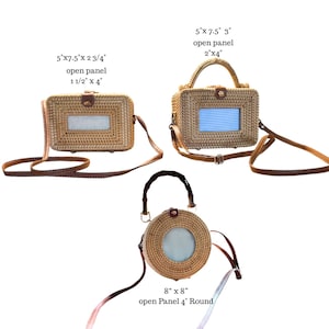 May include: Three woven rattan bags with brown leather straps. The rectangular bag measures 5"x7.5"x2.75" with an 11.5"x4" panel. The second bag is 5"x7.5"x3" with a 2"x4" panel. The round bag is 8"x8" with a 4" round open panel.