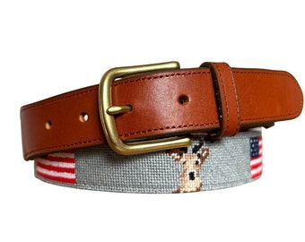 Needlepoint belt, Needlepoint Belt American Flag and deer head hunting design-Custom 7 week stitch time