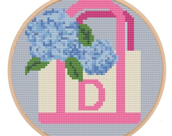 Needlepoint kits, ornament stitch kit Hydrangea Basket Ornament with Alphabet  pattern digital 4" ornament Kit PDF