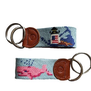 Key Fob,  Nantucket, Pink White , light house needlepoint key fob