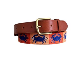 Needlepoint Belt: Blue Crab Coastal Southern Style