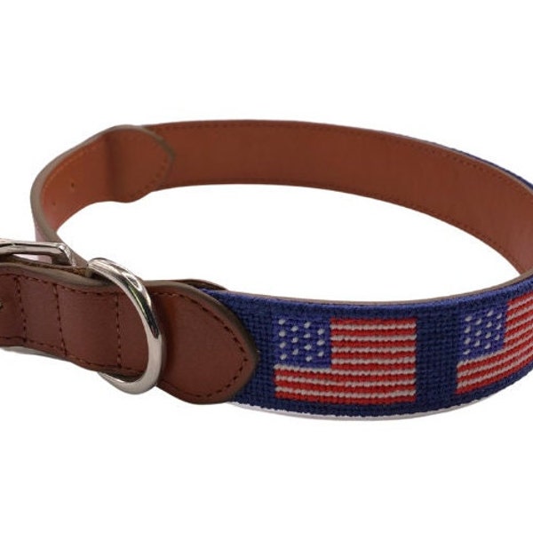 American Flag Needlepoint Dog collar needlepoint hand stitched patriotic dog collar