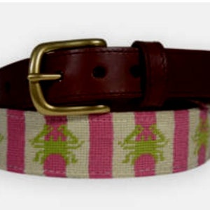 Needlepoint Young Adult belt, Pink Crab needlepoint design