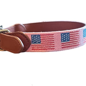 Pink USA Flag Dog Collar – Handmade Needlepoint Patriotic Pet Collar