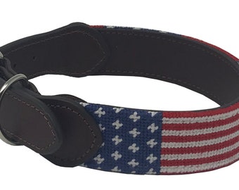 Dog collar , Needlepoint Flag patriotic collar Stars and stripes needlepoint design