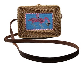 Needlepoint Purse - Rattan clutch purse, Needlepoint Small lined Purse