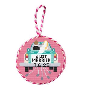 Needlepoint Ornament Stitch Kit: Bride and Groom -Green Antique Car(Instant Download)