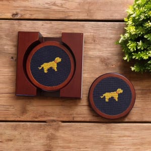Needlepoint Coasters -Golden Retriever Needlepoint Coaster Set – Set of 4 Wooden Coasters