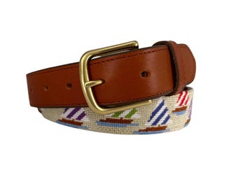 Needlepoint Belt - Sailboat Needlepoint Belt, Hand-Stitched Nautical Style