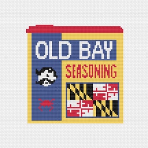 May include: A yellow and blue box with the text "OLD BAY SEASONING" in white. The box has a red top and a small image of a crab and a pirate head.