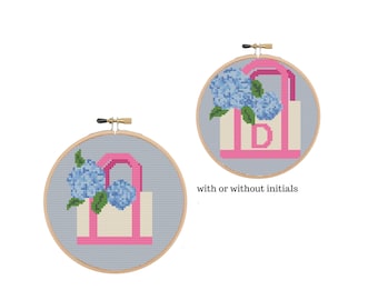 Kits de punto de cruz, kit de punto de adorno para bolso de mano, adorno de cesta de hortensias con patrón del alfabeto, kit de adorno digital de 4&quot; en formato PDF