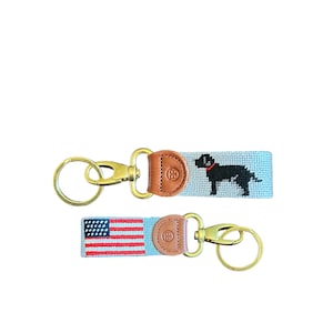 Needlepoint Key Fob, Black Dog, lab and  American Flag design