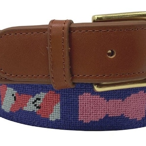 Needlepoint Belt, Colorful Bow Tie  hand stitched belt for Men