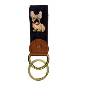 French Bulldog & American Flag Needlepoint Key Fob – Hand-Stitched Patriotic Gift