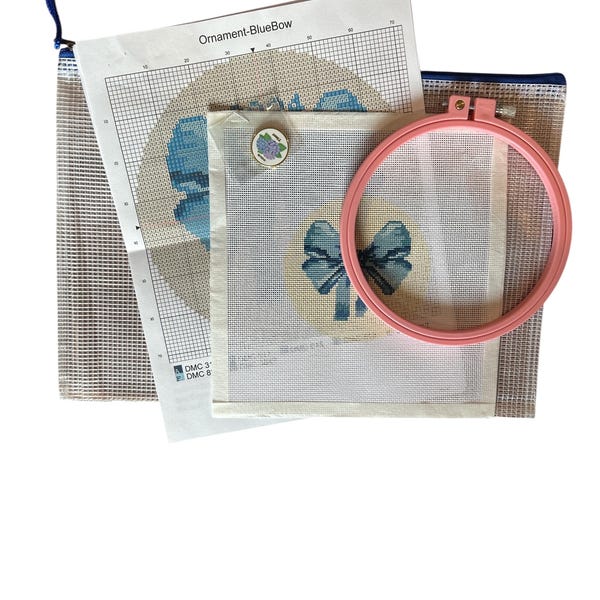 Painted Canvas  Blue Bow Needlepoint Canvas – 4” Hand-Painted Ornament Design – Classic Preppy Needlepoint