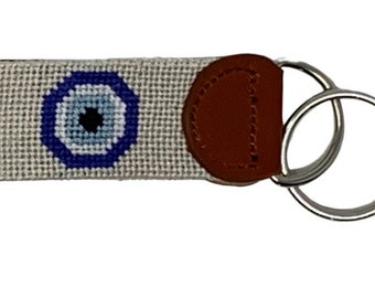 Key Fob, needlepoint evil eye stitched design