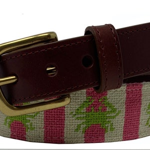 Needlepoint Belt: Pink Crab Design, Young Adult Belt