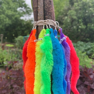May include: A vibrant display of rainbow-coloured fuzzy worm toys, each with googly eyes, suspended from a twine loop. The colours include red, orange, yellow, green, blue, purple, and pink. The background is a blurred outdoor scene.