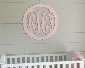 PAINTED Wooden Initials - Monogram Wall Hanging - Wooden Letters - Nursery Monogram - Nursery Decor - Nursery Wall Hanging - Scallop Circle