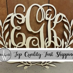 Laurel Wreath Monogram - Door Hanger - Monogram Wall Hanging - Personalized Sign - Wedding Decor - Wooden Monogram - Unpainted